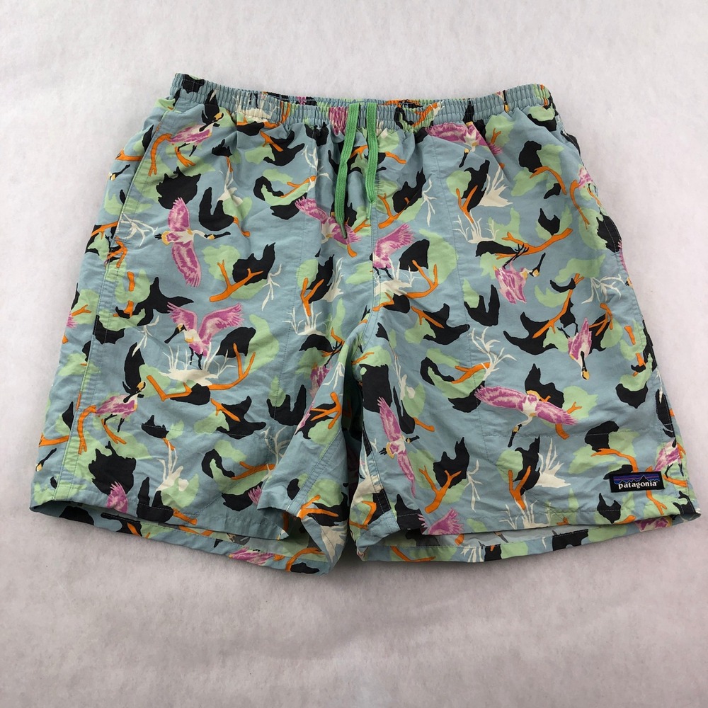 Patagonia Mens L Blue Bird Print Elastic Waist Drawstring Swim Shorts Outdoor